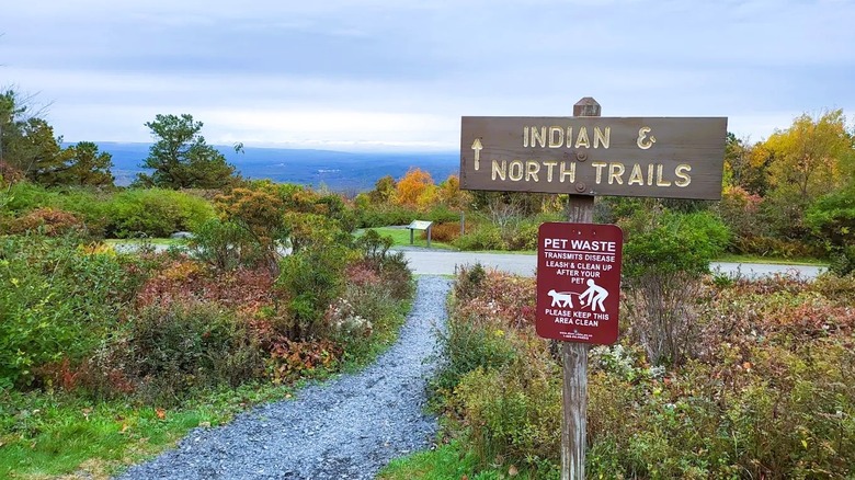The Indian and North Trails sign at Big Pocono State Park, surrounded by greenery and hills in the distance.