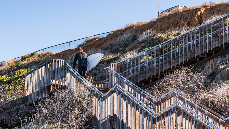 A surfer carries his surfboard up a wooden staircase at South Carlsbad State Beach