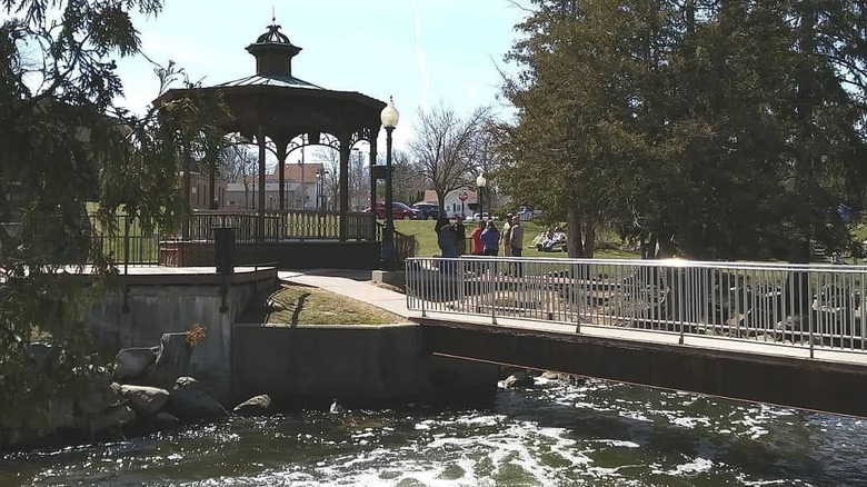 A view of a gazebo and bridge over the Fenton Mill Pond
