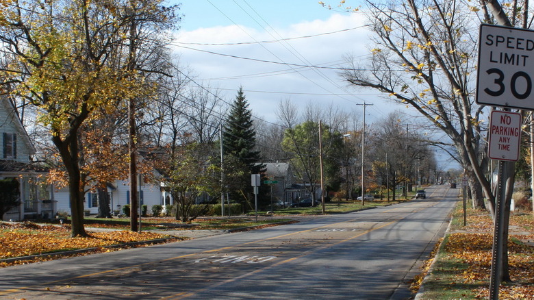 A road through a rural area with cute houses and trees, and a 