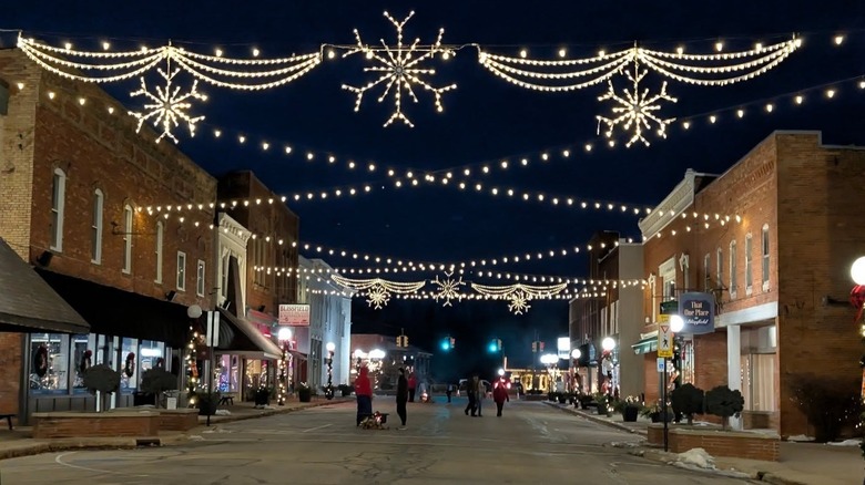 View of a street with Christmas lights in Blissfield, Michigan