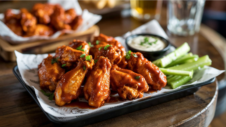 Saucy buffalo chicken wings on a plate with celery and ranch.