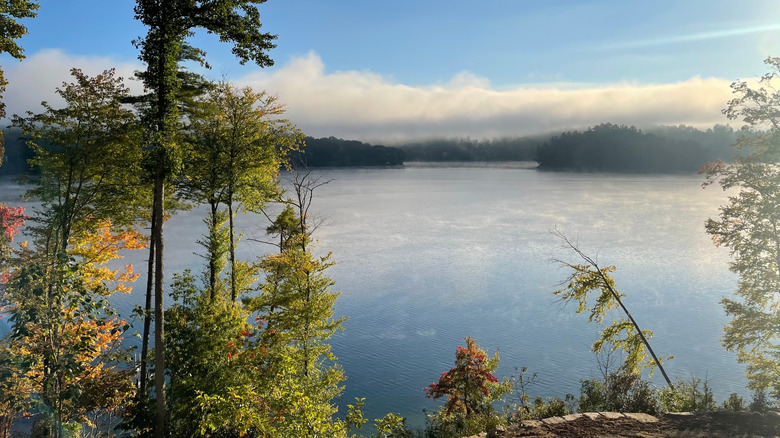 The calm surface of North Carolina's Glenville Lake seen on a sunny day past trees