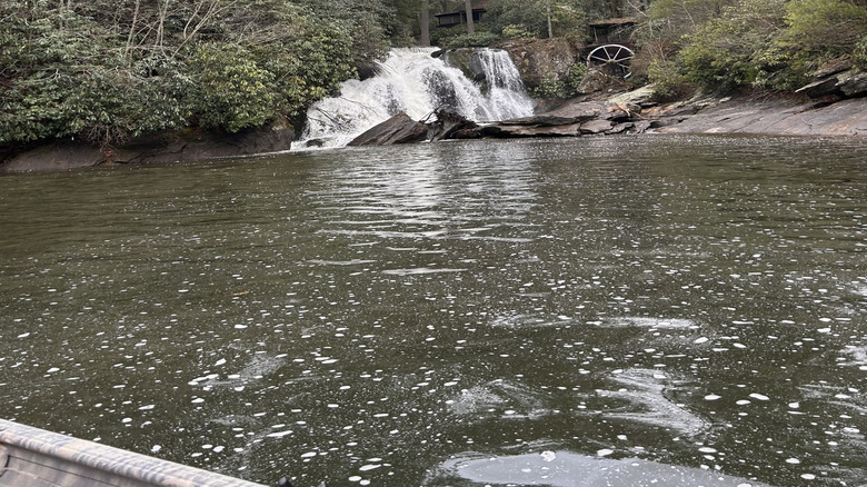 A small waterfall on Glenville Lake near private homes surrounded by trees.