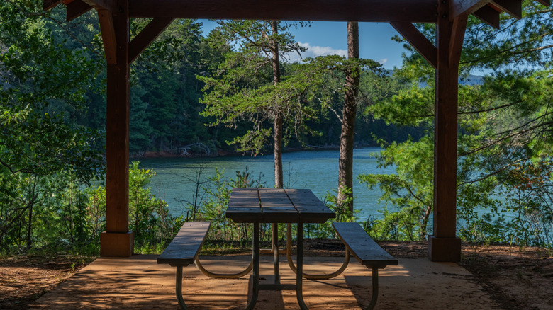View of a picnic table in Lake James State Park