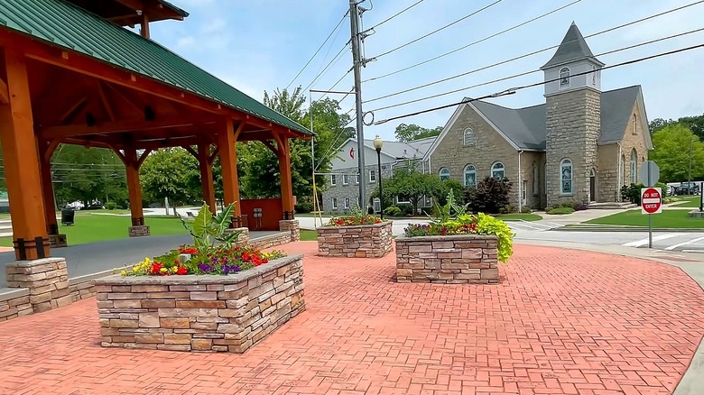 The paved area and pavilion in Town Green in Loganville, Georgia.