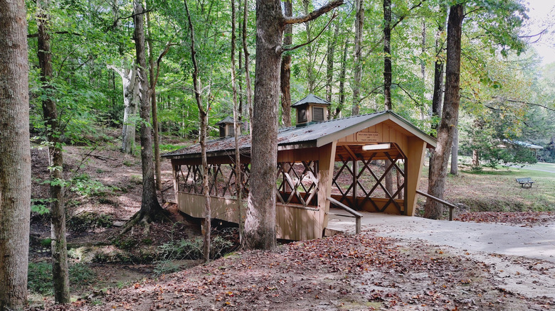 The covered bridge over the creek at Henderson Falls Park in Toccoa, Georgia