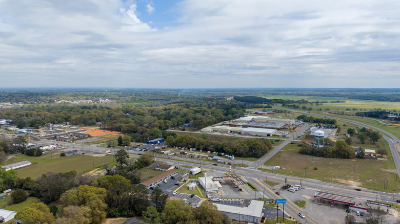 An aerial view of shops, roads, schools, and trees in Perry, Georgia.