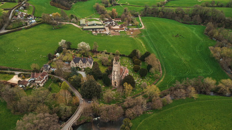 An aerial view of Withypool, in Exmoor, England, on a spring day