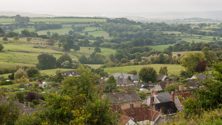 An aerial view of houses and gentle hills in Shaftesbury, beneath a misty sky