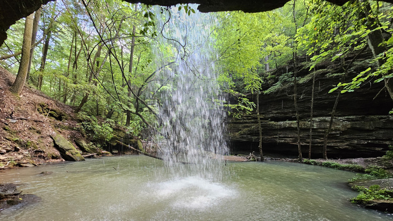 View from behind the cascade at Shangri-La Falls in Alabama