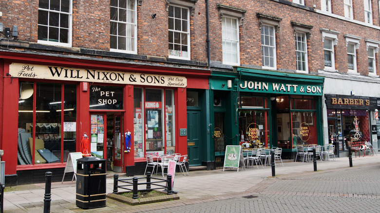 Colorful shop fronts on Carlisle's paved historic street