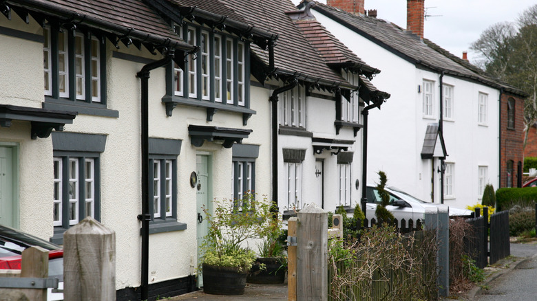 The fronts of historic cottages along a street in Croston, England
