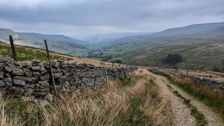 The hike to Shunner Fell with a small path flanked by small stone walls and the large rolling hills descending into the dale