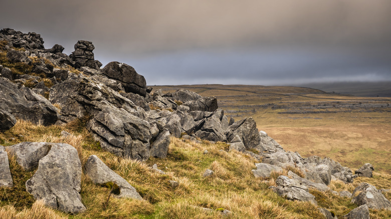 Rocks and landscape at Gragareth Mountain in England's Yorkshire Dales National Park