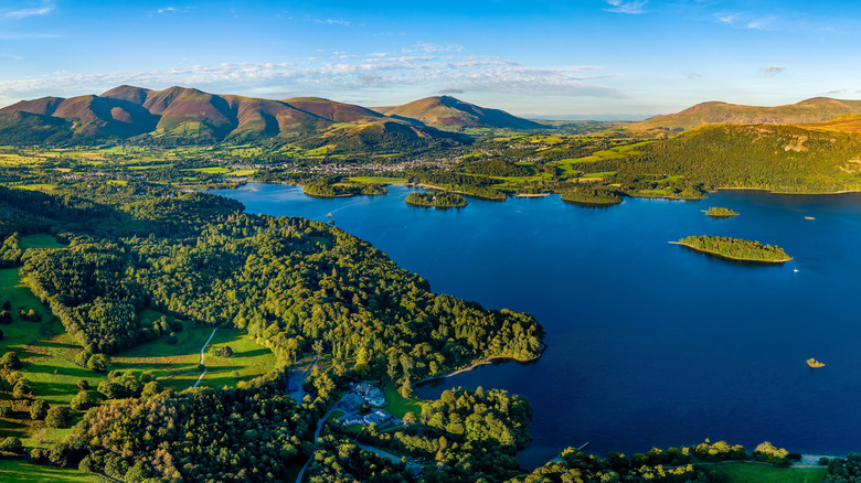 Aerial view of the lake with the village of Keswick on the distant shore