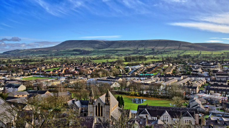 The town of Clitheroe, UK looking toward Pendle Hill as seen from the castle