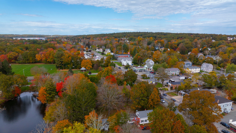 An aerial view of Plainville, Massachusetts with fall foliage