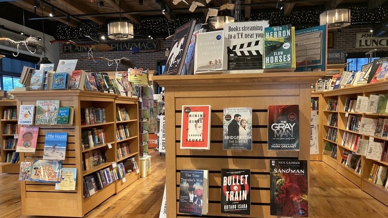 Interior bookshelves and display at An Unlikely Story in Plainville, Massachusetts
