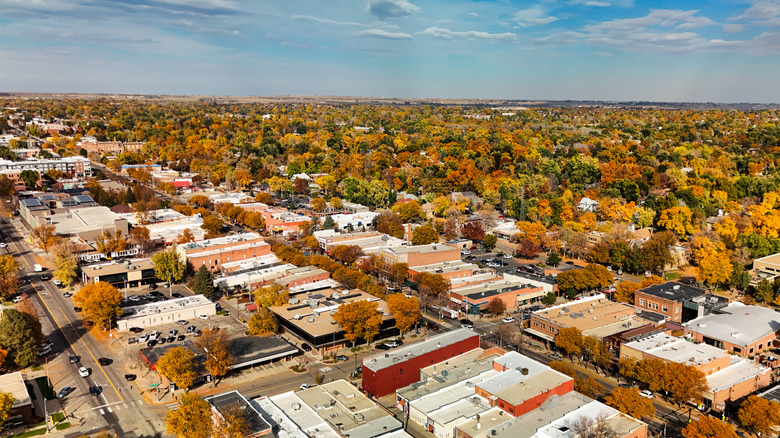 Aerial of Longmont, Colorado during autumn, covered with trees with fall colors.