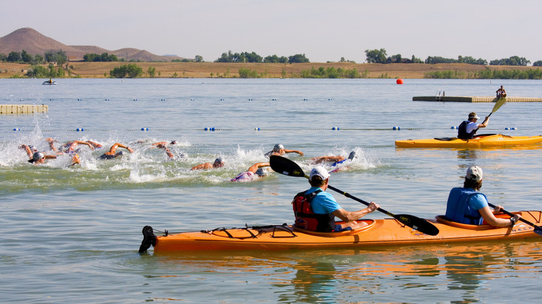 picture from triathletes and ironman event at Boulder Reservoir