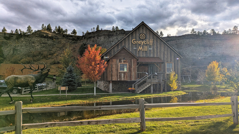 Historic wooden mill building and pond, backed by cliffs, at Greycliff Mill