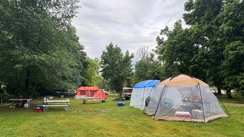 Tents set up on a lawn surrounded by trees at James River Outfitters campgrounds by the James River in Galena, Missouri