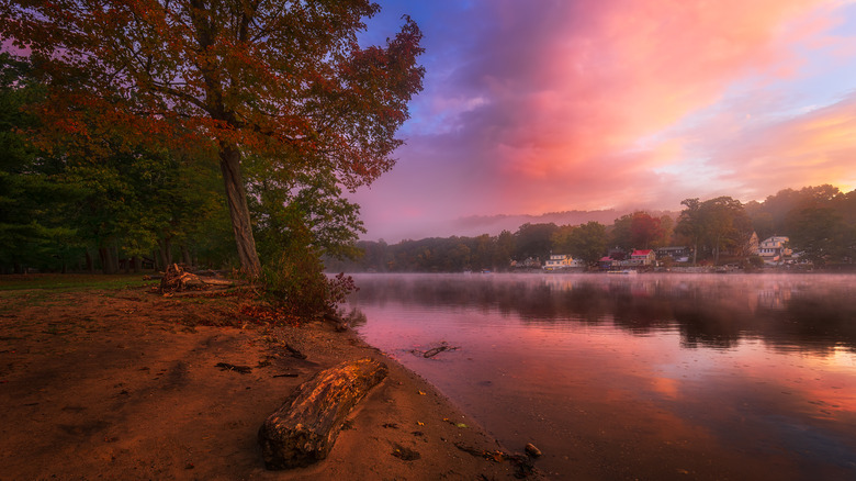 A lake in fall at Indian Well State Park in Shelton, Connecticut