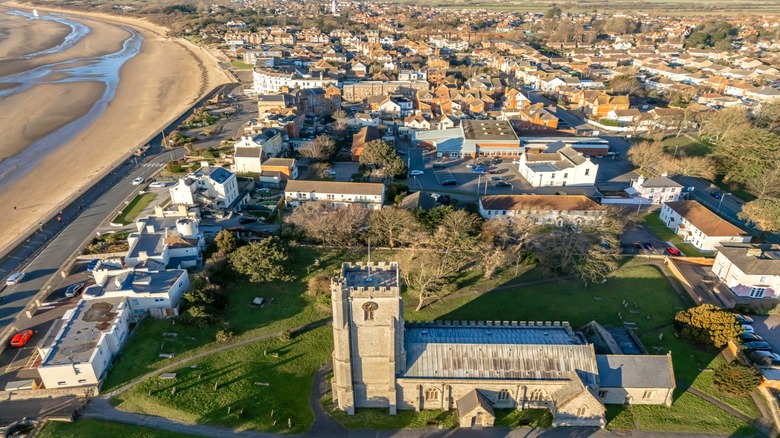 The seafront and St. Andrew's Church in Burnham-on-Sea, England