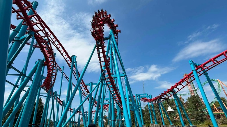 A view from below one of Six Flags Darien Lake's roller coasters