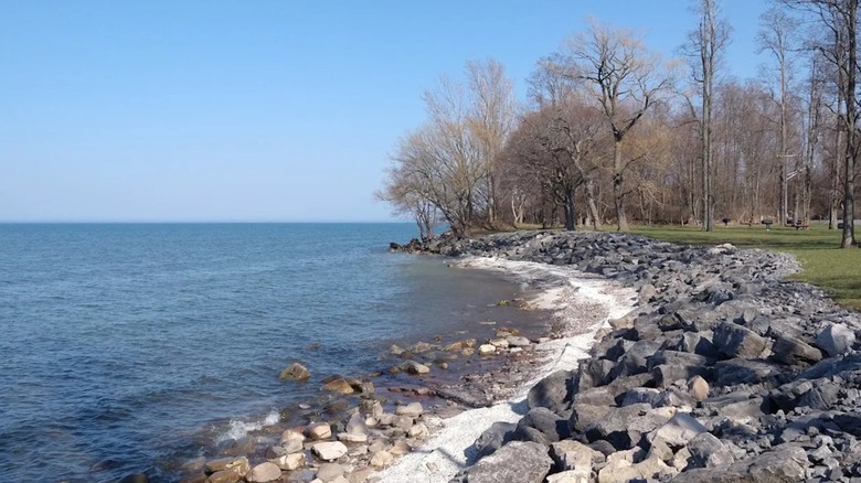 A rocky beach on Lake Ontario on a winter day in Yates Town Park in Yates, New York