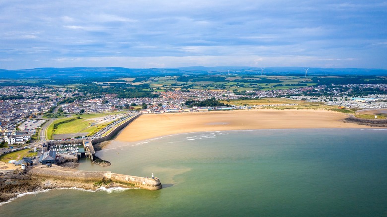 Aerial view of Porthcawl Beach and the harbor in Wales