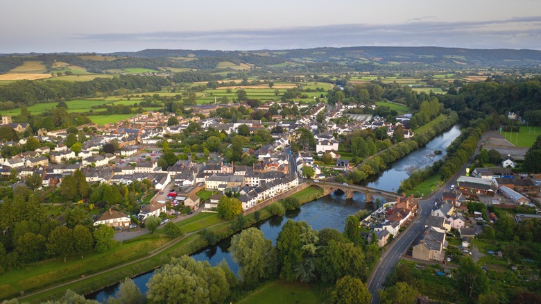Aerial view of a bridge crossing a river in the Welsh town of Usk, Monmouthshire