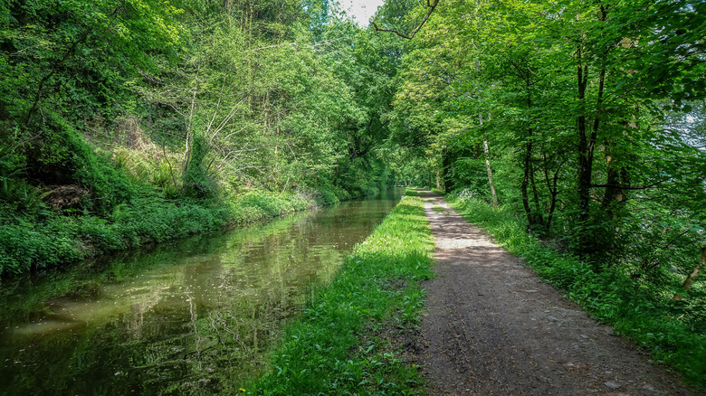 A path hugs the River Usk in South Wales