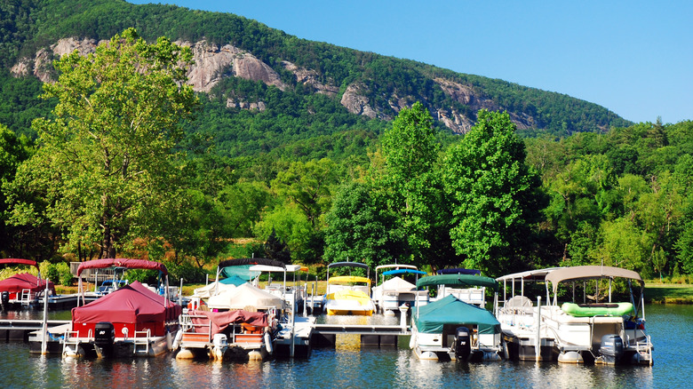 Boats lined up at Lake Lure in Rutherford County, NC
