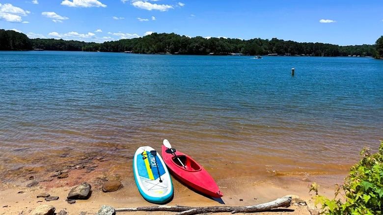 Two kayaks on the banks of Lake Hartwell at Tugaloo State Park near Gumlog, Georgia, surrounded by greenery.