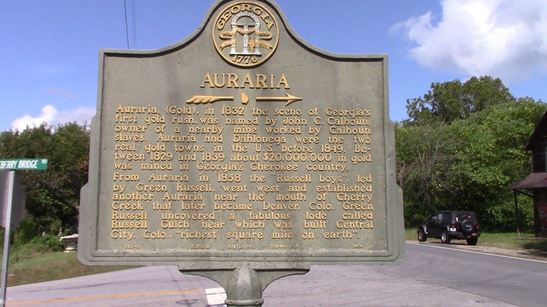 Historical marker sign in the ghost town of Auraria, Georgia
