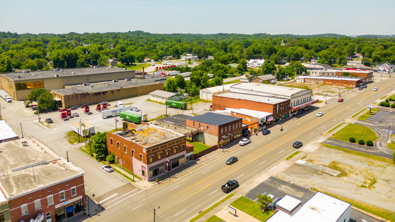 Aerial view of downtown Etowah, Tennessee, including the historic Gem Players Theater