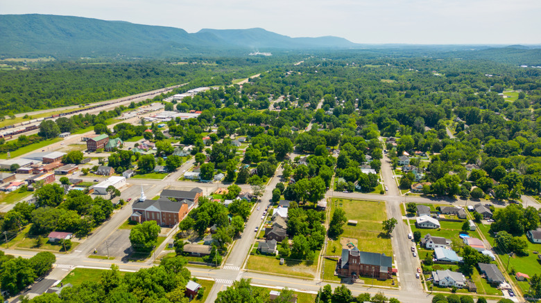Aerial view of Etowah, Tennessee, with the Appalachian mountains in the background on a summer day