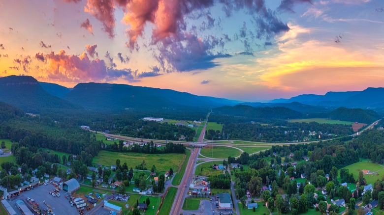 Dayton, Tennessee at sunset with mountains in the background