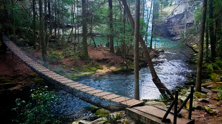 A wire suspension bridge crossing over a creek next to Foster Falls where two people sit by the natural pool.
