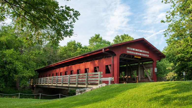 The iconic covered bridge at the Lake of the Woods Forest Preserve in Mahomet, Illinois