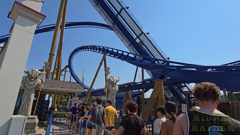 People standing in the queue for the Wrath of Rakshasa, Six Flags Great America's newest roller coaster