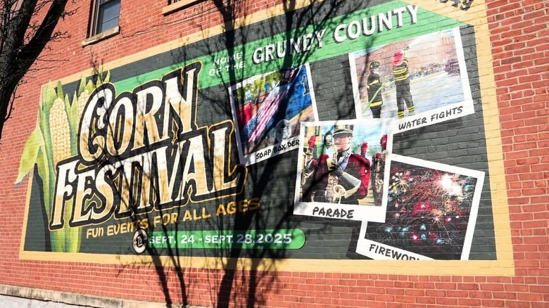 Mural of Corn Festival on brick wall in Morris, Illinois