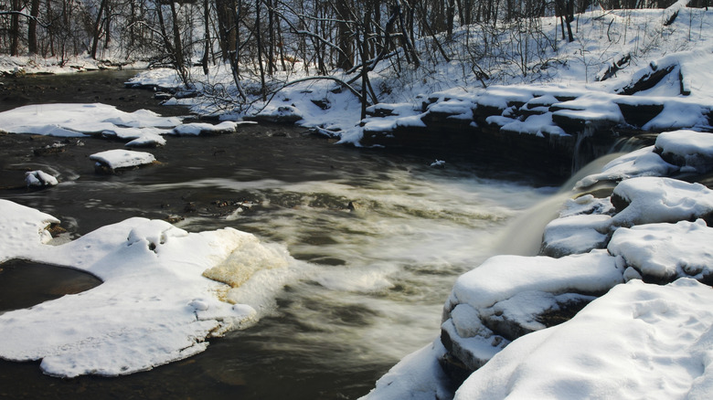 Frozen falls at Waterfall Glen Forest Preserve in Darien, Illinois, in winter
