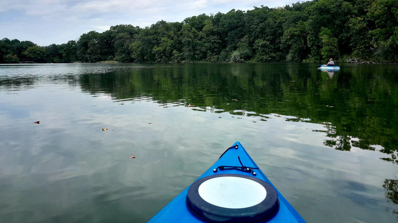 The view from a kayak on the Weldon Springs Reservoir
