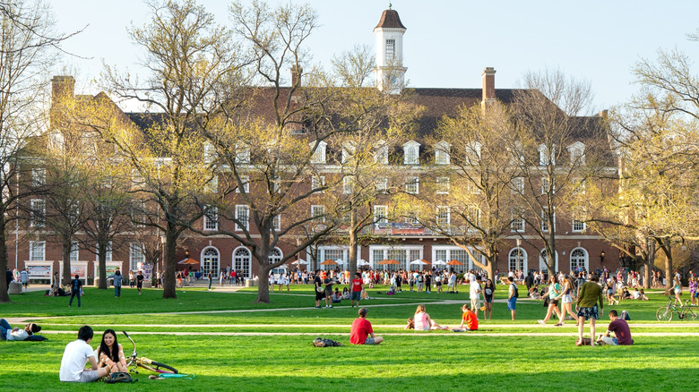 Students on the quad at University of Illinois Urbana-Champaign campus.