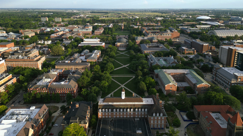 Aerial view of University of Illinois Urbana-Champaign campus in summer.