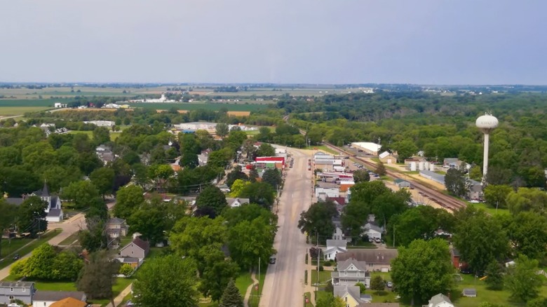 Aerial view of downtown Kirkland, Illinois in summertime
