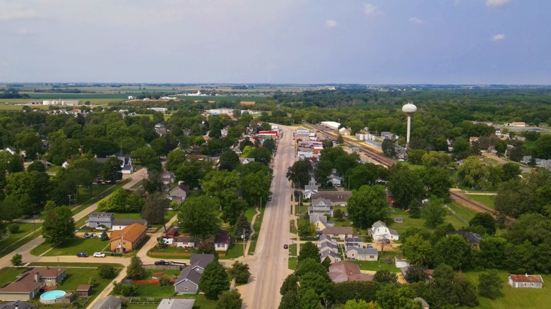 Aerial view of downtown Kirkland, Illinois in summertime